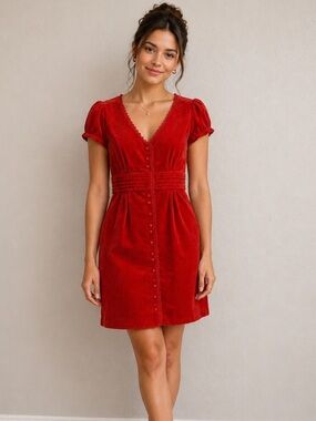 Anthropologie Maeve Corduroy Red Button Dress